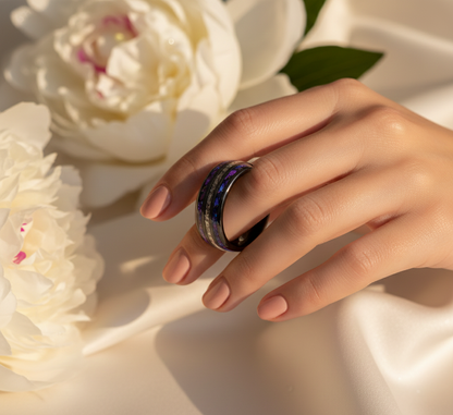 Celestial Dominion Gunmetal Tungsten Ring with Dual Nebula Galaxy Inlay and Meteorite Core