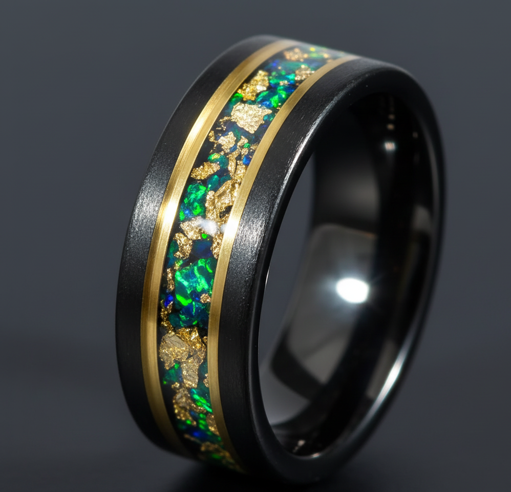 Nocturne Gilded Black & Rose Gold Tungsten Ring with Stone and Gold Leaf Inlay