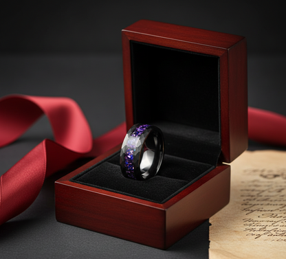 Obsidian Crown Hammered Black Tungsten Ring with Purple Alexandrite Inlay