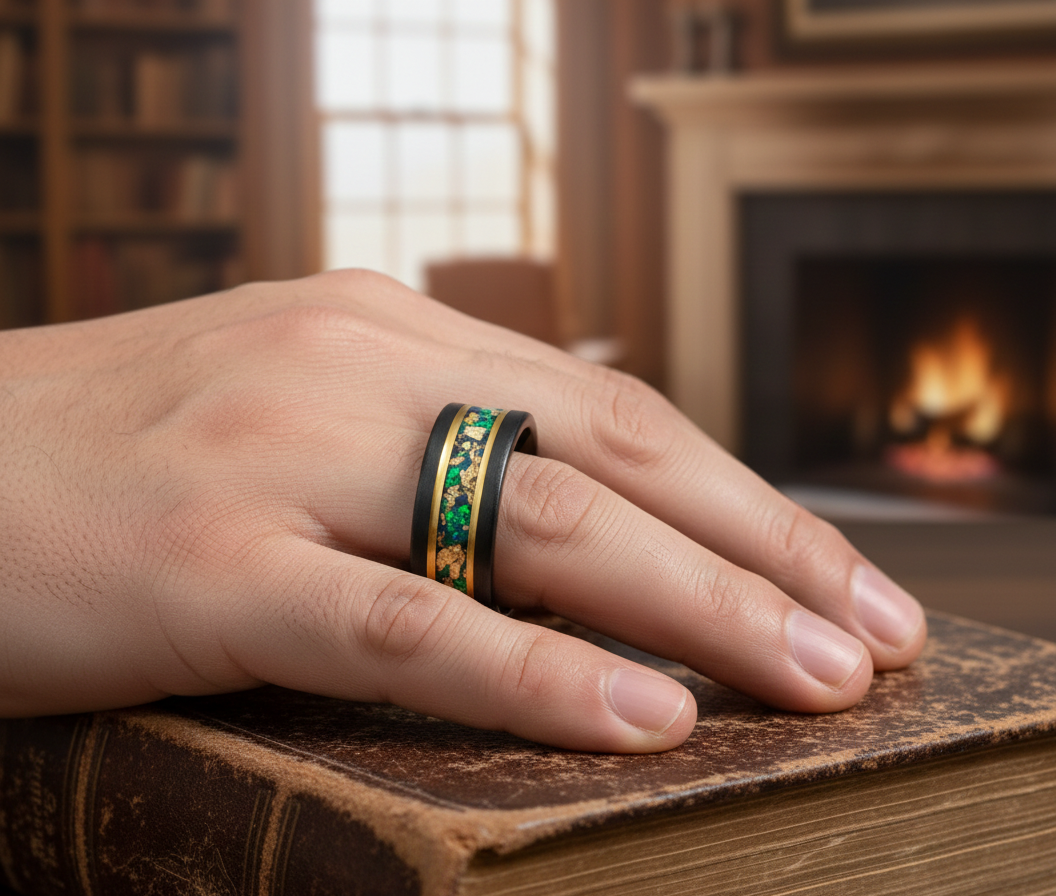 Nocturne Gilded Black & Rose Gold Tungsten Ring with Stone and Gold Leaf Inlay