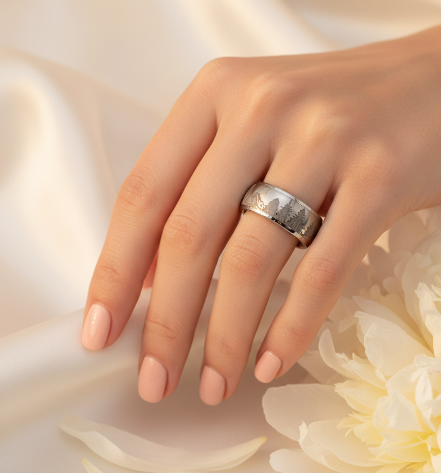 Tungsten Ring Nature Images with Whiskey Barrel Wood Liner