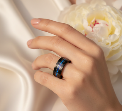 Cosmic Rift Hammered Black Tungsten Ring with Nebula Foil Inlay