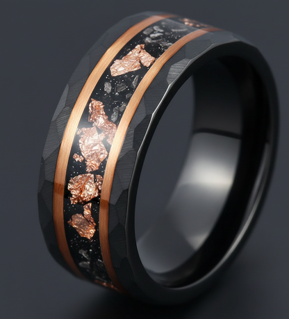 Eclipse Sovereign Black & Rose Gold Tungsten Ring with Meteorite and Rose Gold Leaf Inlay