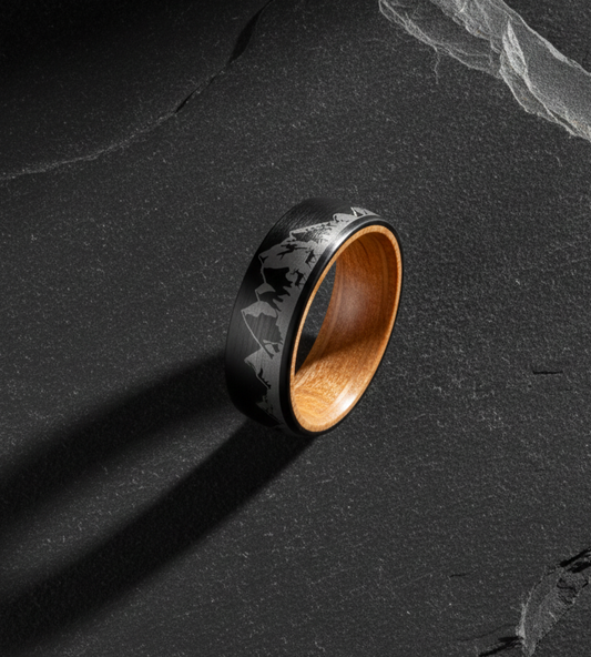 Mountain Tungsten Ring with Whiskey Barrel Wood Line