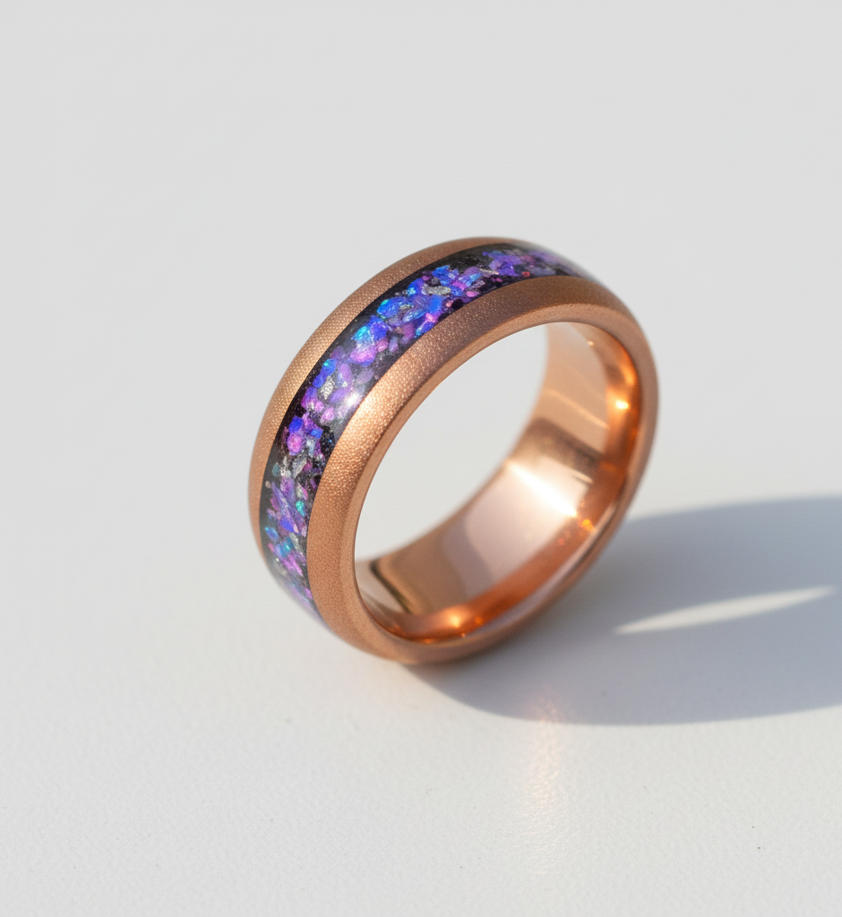 Cosmic Ember Sandblasted Coffee Tungsten Ring with Nebula Inlay