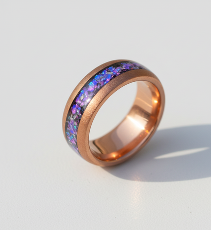 Cosmic Ember Sandblasted Coffee Tungsten Ring with Nebula Inlay