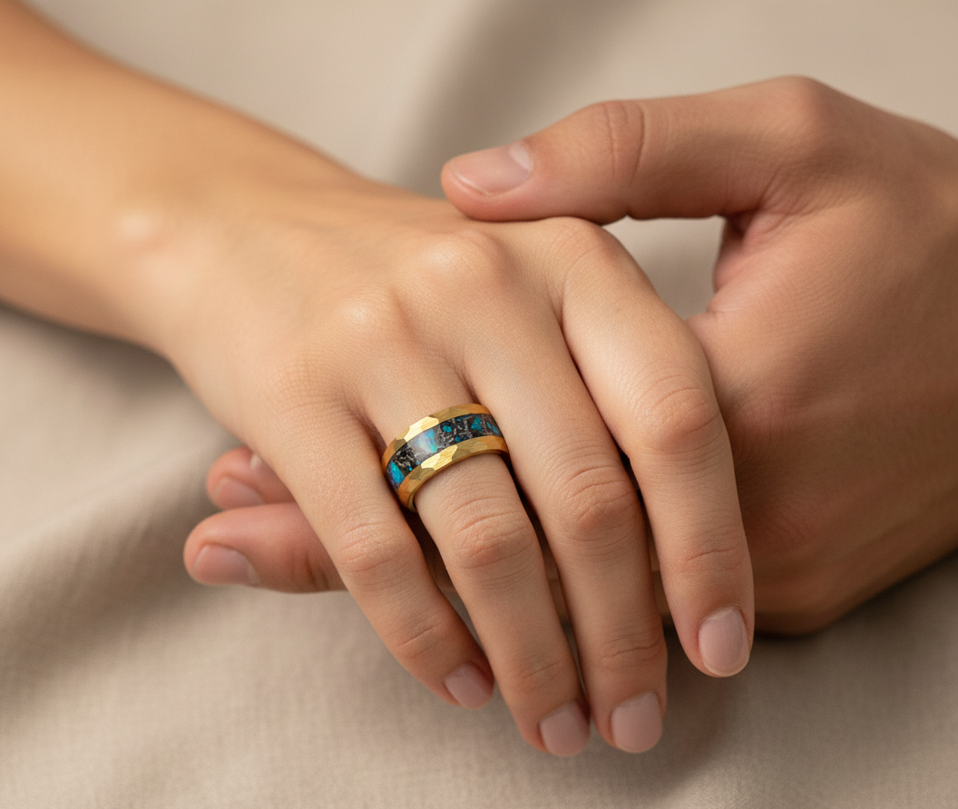 Aurora Radiance Gold Plated Tungsten Ring with Opal Inlay
