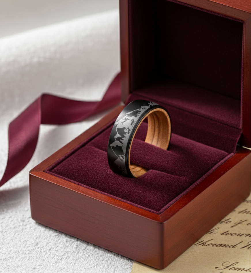 Mountain Tungsten Ring with Whiskey Barrel Wood Line