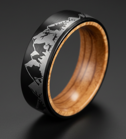 Mountain Tungsten Ring with Whiskey Barrel Wood Line