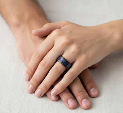 Cosmic Rift Hammered Black Tungsten Ring with Nebula Foil Inlay