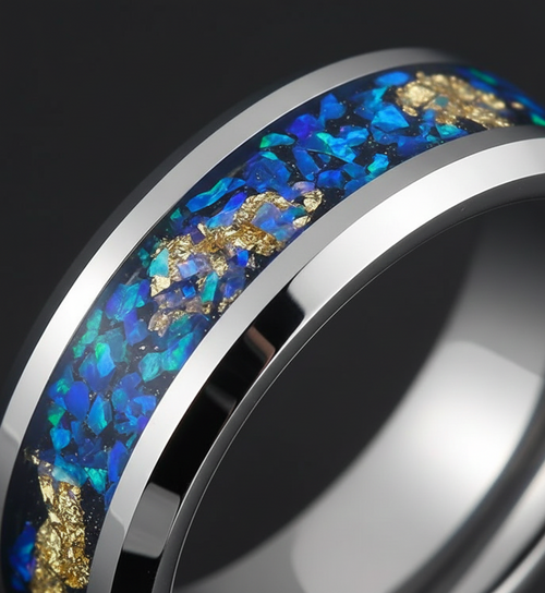Aurora Gilded Opal Tungsten Ring with Gold Leaf Inlay