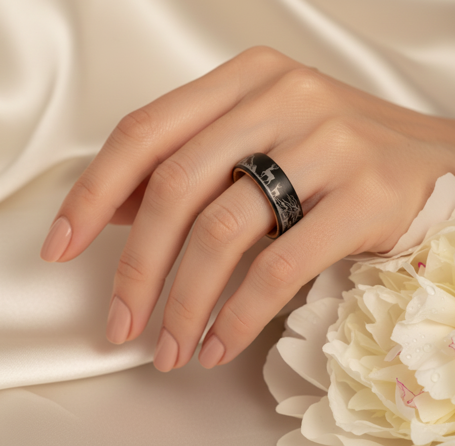 Tungsten Nature Ring with Whiskey Barrel Wood Liner