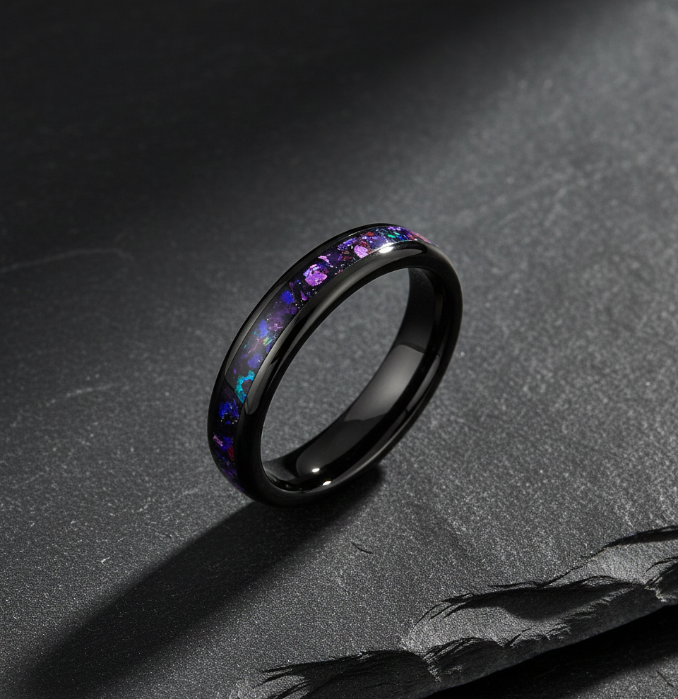 Midnight Aurora Black Plated Tungsten Ring with Alexandrite Inlay
