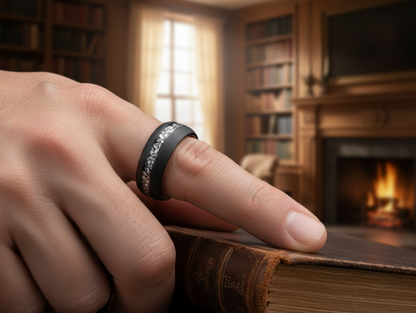 Celestial Forge Black & Rose Gold Tungsten Ring with Meteorite Shavings Inlay