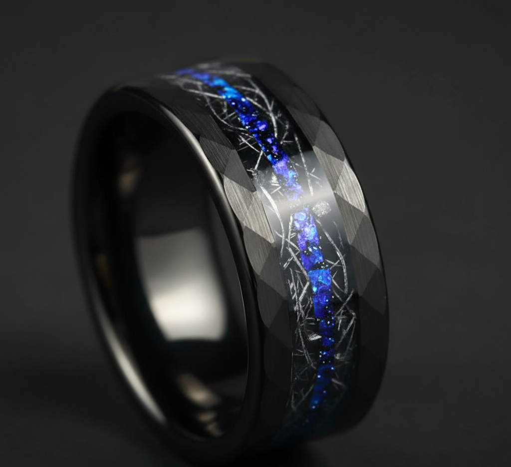 Cosmic Rift Hammered Black Tungsten Ring with Nebula Foil Inlay