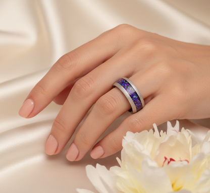 Stellar Drift Sandblasted Silver Tungsten Ring with Nebula Inlay