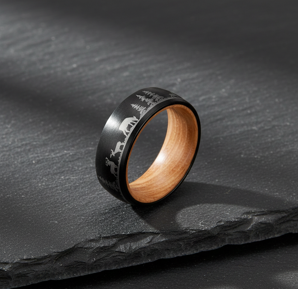 Nature  Tungsten Ring with Whiskey Barrel Wood Liner