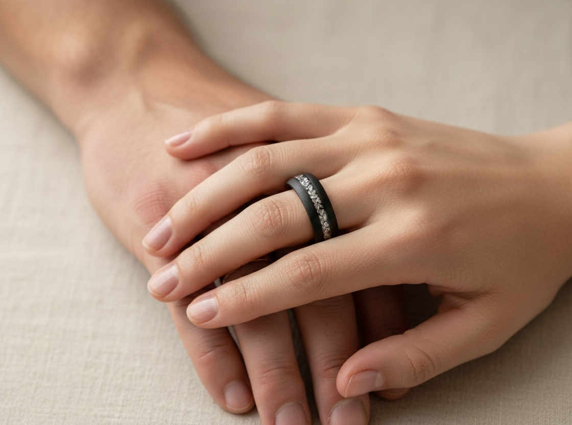 Celestial Forge Black & Rose Gold Tungsten Ring with Meteorite Shavings Inlay