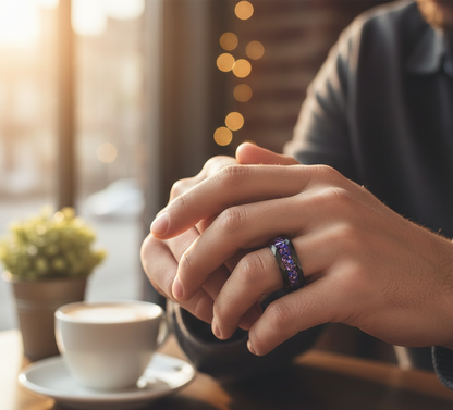 Obsidian Crown Hammered Black Tungsten Ring with Purple Alexandrite Inlay