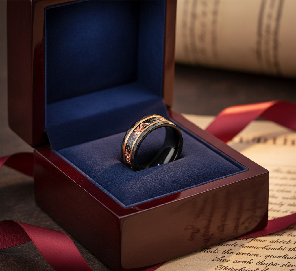 Eclipse Sovereign Black & Rose Gold Tungsten Ring with Meteorite and Rose Gold Leaf Inlay