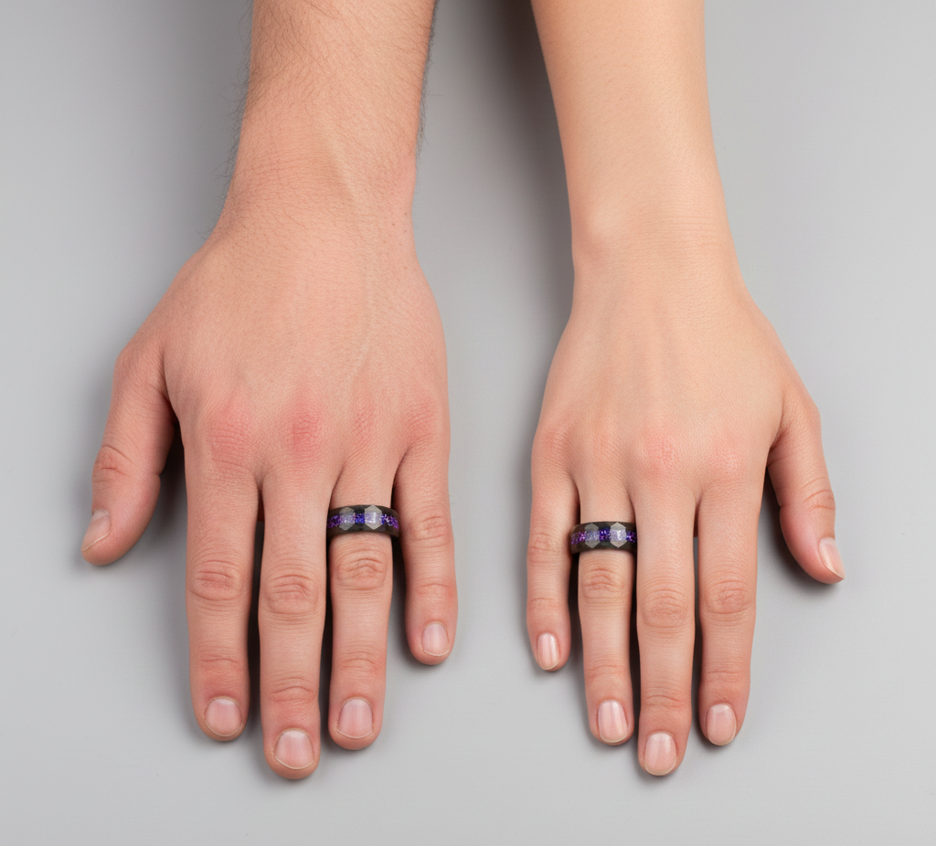 Obsidian Crown Hammered Black Tungsten Ring with Purple Alexandrite Inlay