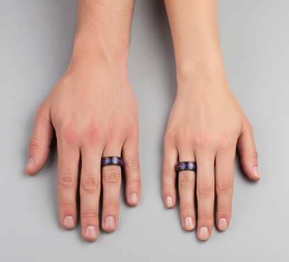 Obsidian Crown Hammered Black Tungsten Ring with Purple Alexandrite Inlay