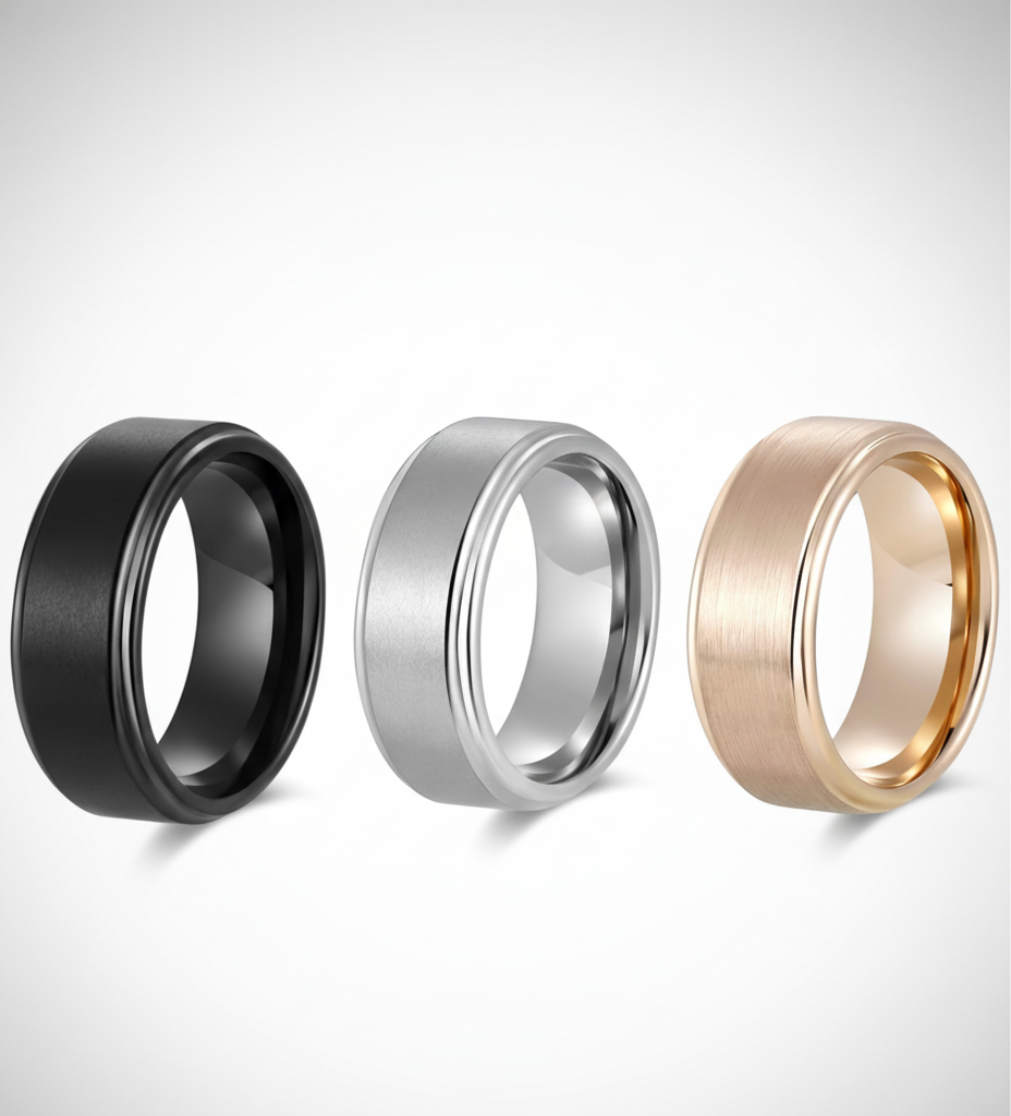 Trinity Ascend Black, Silver & Rose Gold Stepped-Edge Tungsten Ring