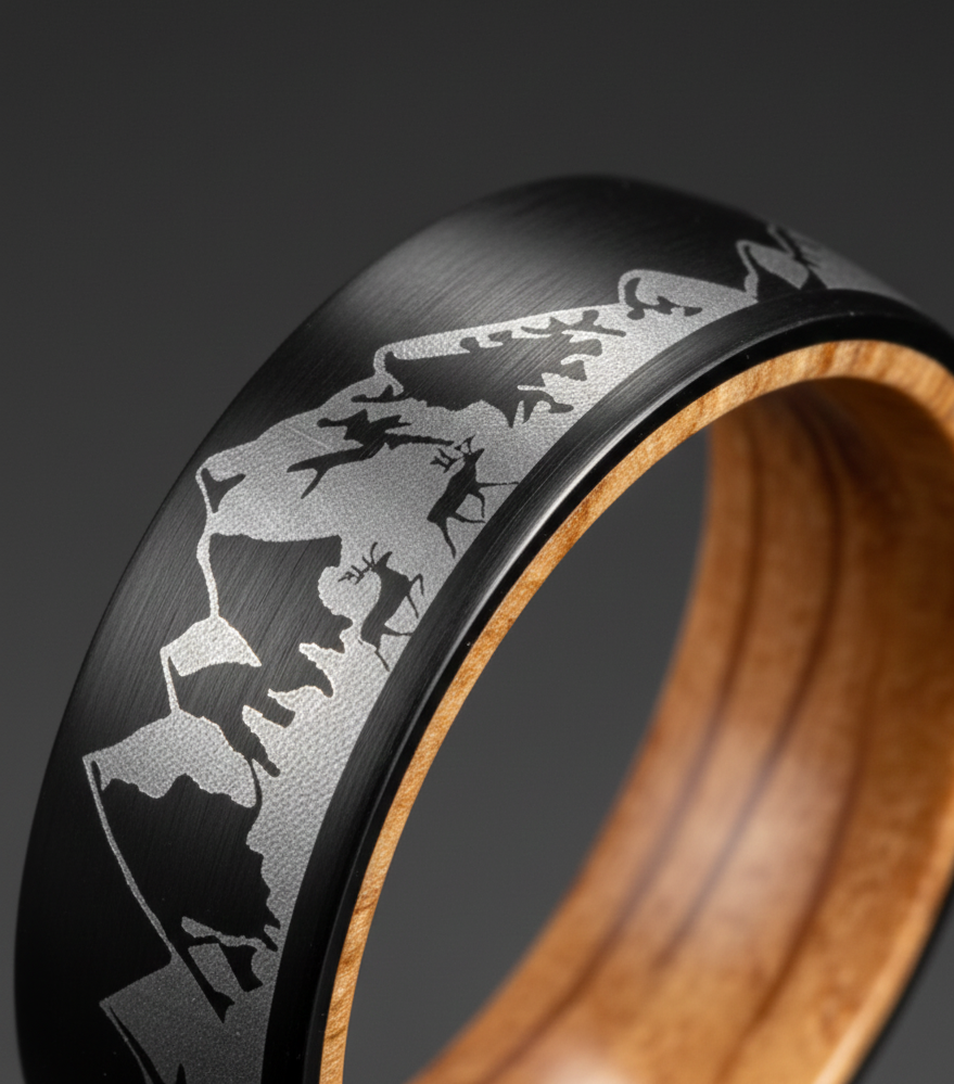 Mountain Tungsten Ring with Whiskey Barrel Wood Line