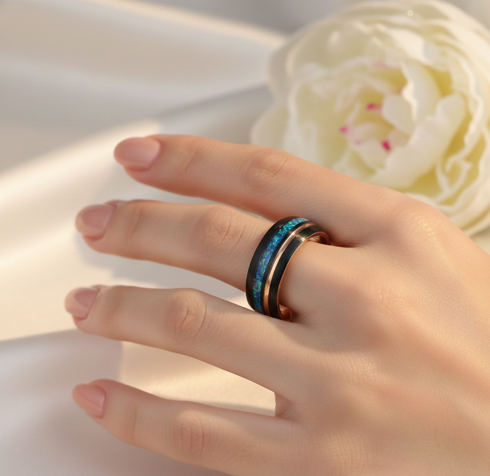 Eternal Tide Black & Rose Gold Plated Tungsten Ring with Opal Inlay