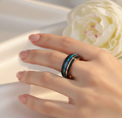 Eternal Tide Black & Rose Gold Plated Tungsten Ring with Opal Inlay