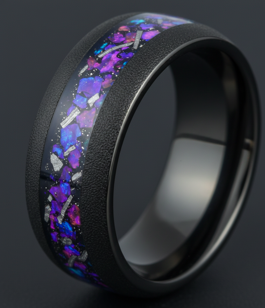 Void Nebula Sandblasted Black Tungsten Ring with Cosmic Nebula Inlay
