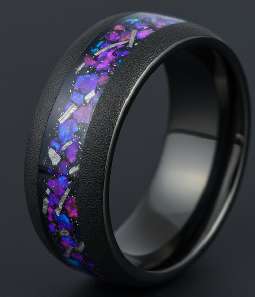 Void Nebula Sandblasted Black Tungsten Ring with Cosmic Nebula Inlay