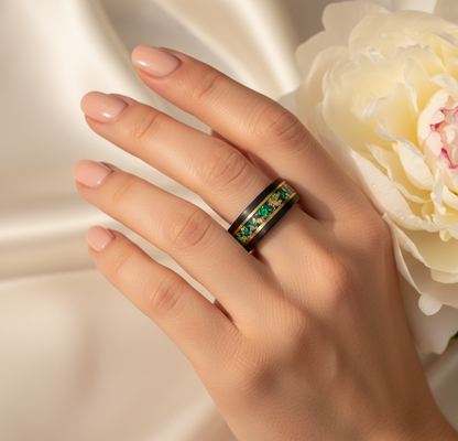 Nocturne Gilded Black & Rose Gold Tungsten Ring with Stone and Gold Leaf Inlay