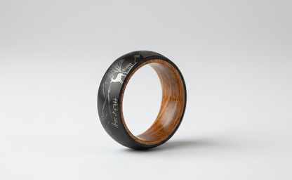 “Evergreen Summit” Black Tungsten Ring with Whiskey Barrel Wood Inlay and Deer & Mountain Engraving – 8 mm