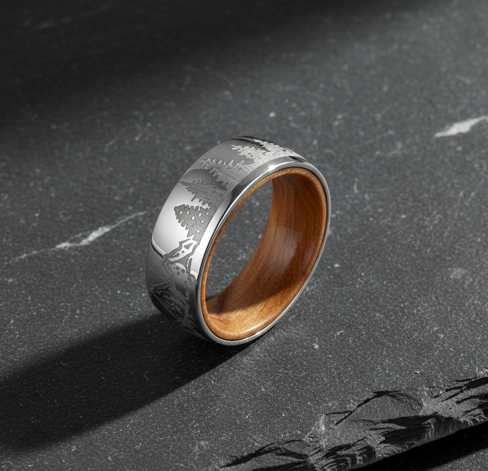 Tungsten Ring Nature Images with Whiskey Barrel Wood Liner