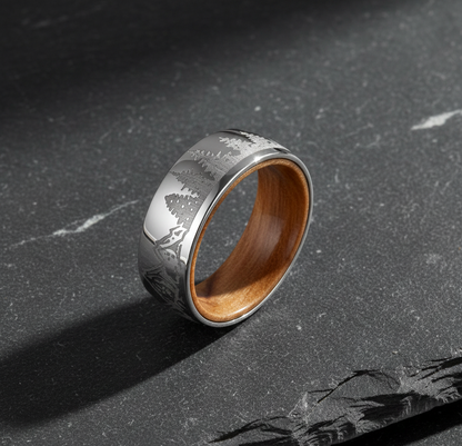 Tungsten Ring Nature Images with Whiskey Barrel Wood Liner