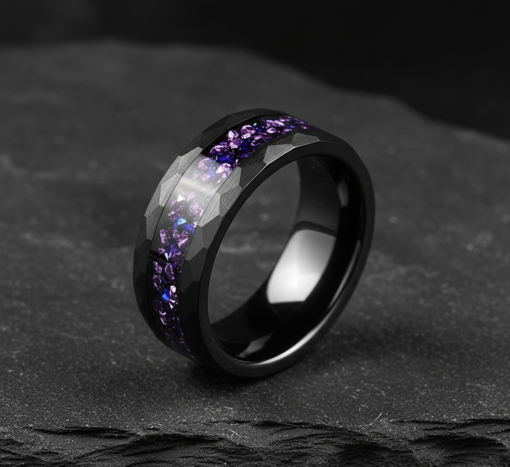 Obsidian Crown Hammered Black Tungsten Ring with Purple Alexandrite Inlay