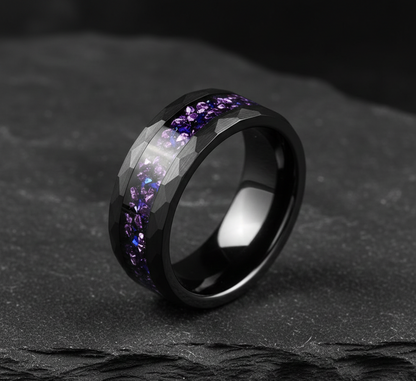 Obsidian Crown Hammered Black Tungsten Ring with Purple Alexandrite Inlay