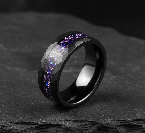 Obsidian Crown Hammered Black Tungsten Ring with Purple Alexandrite Inlay
