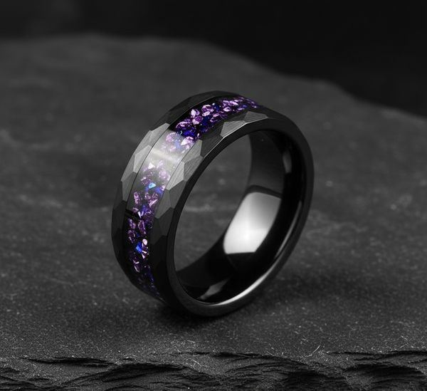 Obsidian Crown Hammered Black Tungsten Ring with Purple Alexandrite Inlay