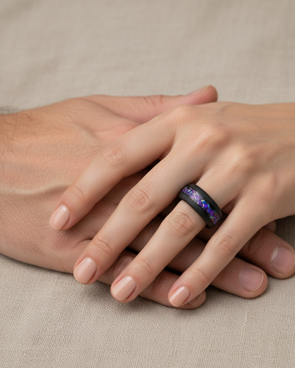 Void Nebula Sandblasted Black Tungsten Ring with Cosmic Nebula Inlay