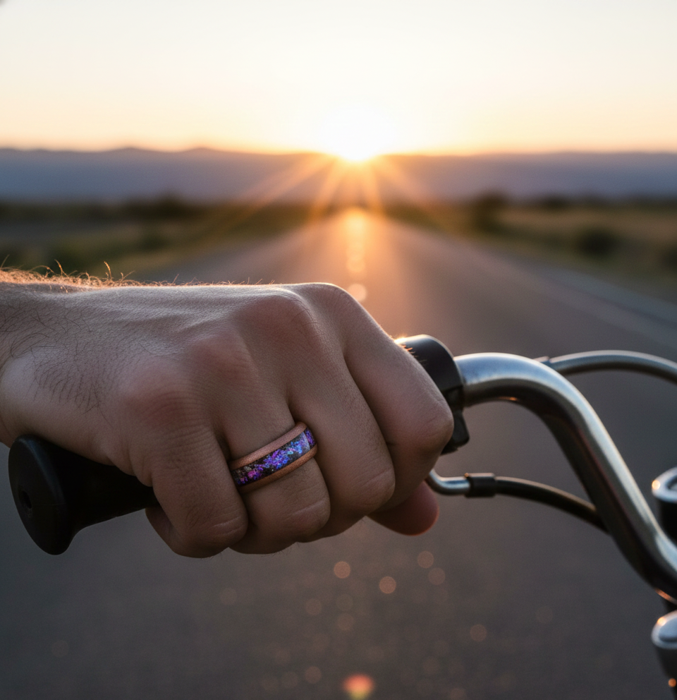 Cosmic Ember Sandblasted Coffee Tungsten Ring with Nebula Inlay