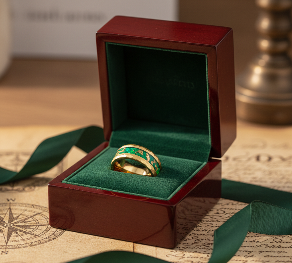 Gilded Legacy Gold Plated Tungsten Ring with Stone and Gold Leaf Inlay