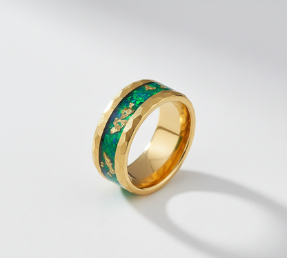 Gilded Legacy Gold Plated Tungsten Ring with Stone and Gold Leaf Inlay