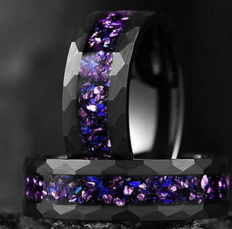 Obsidian Crown Hammered Black Tungsten Ring with Purple Alexandrite Inlay