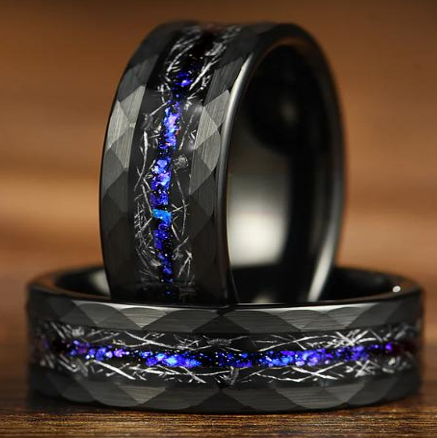 Cosmic Rift Hammered Black Tungsten Ring with Nebula Foil Inlay