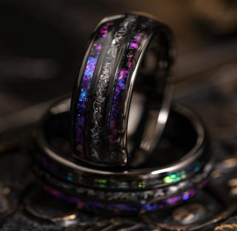 Celestial Dominion Gunmetal Tungsten Ring with Dual Nebula Galaxy Inlay and Meteorite Core