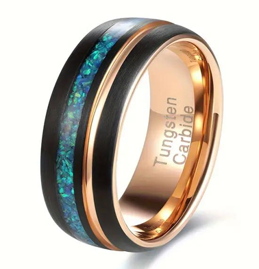 Eternal Tide Black & Rose Gold Plated Tungsten Ring with Opal Inlay