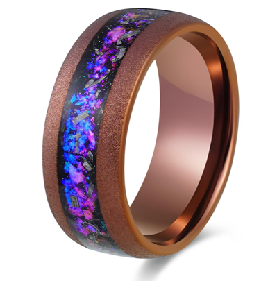 Cosmic Ember Sandblasted Coffee Tungsten Ring with Nebula Inlay