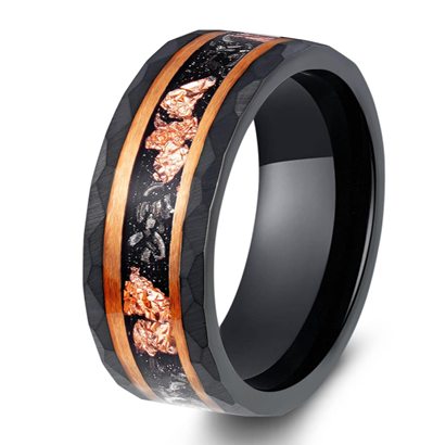 Eclipse Sovereign Black & Rose Gold Tungsten Ring with Meteorite and Rose Gold Leaf Inlay